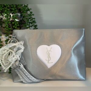 Yves Saint Laurent Silver Cosmetic Bag with Heart Detail